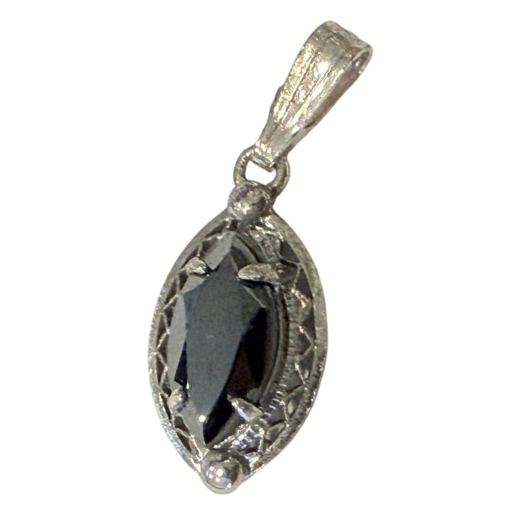Vintage Sterling Silver Hematite Marquise Filigree Pendant Necklace Charm
